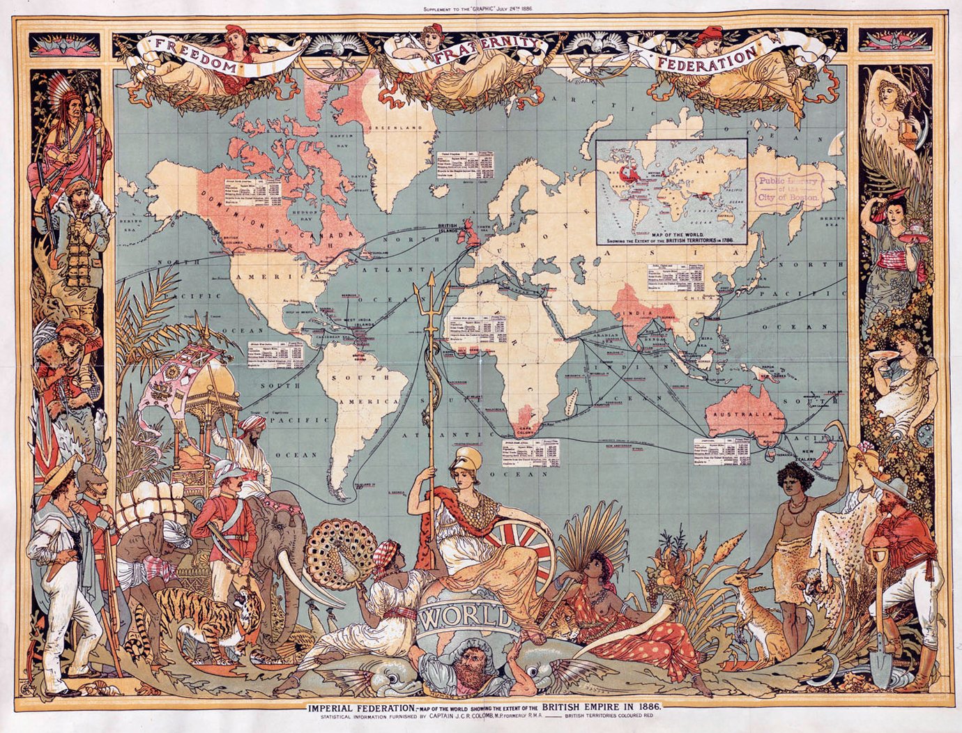 A map of the world from 1886 showing the extent of the British Empire in pink. The map is bordered by illustrations of people and animals from different regions of the world, such as Africa, Asia, Australia, and America.