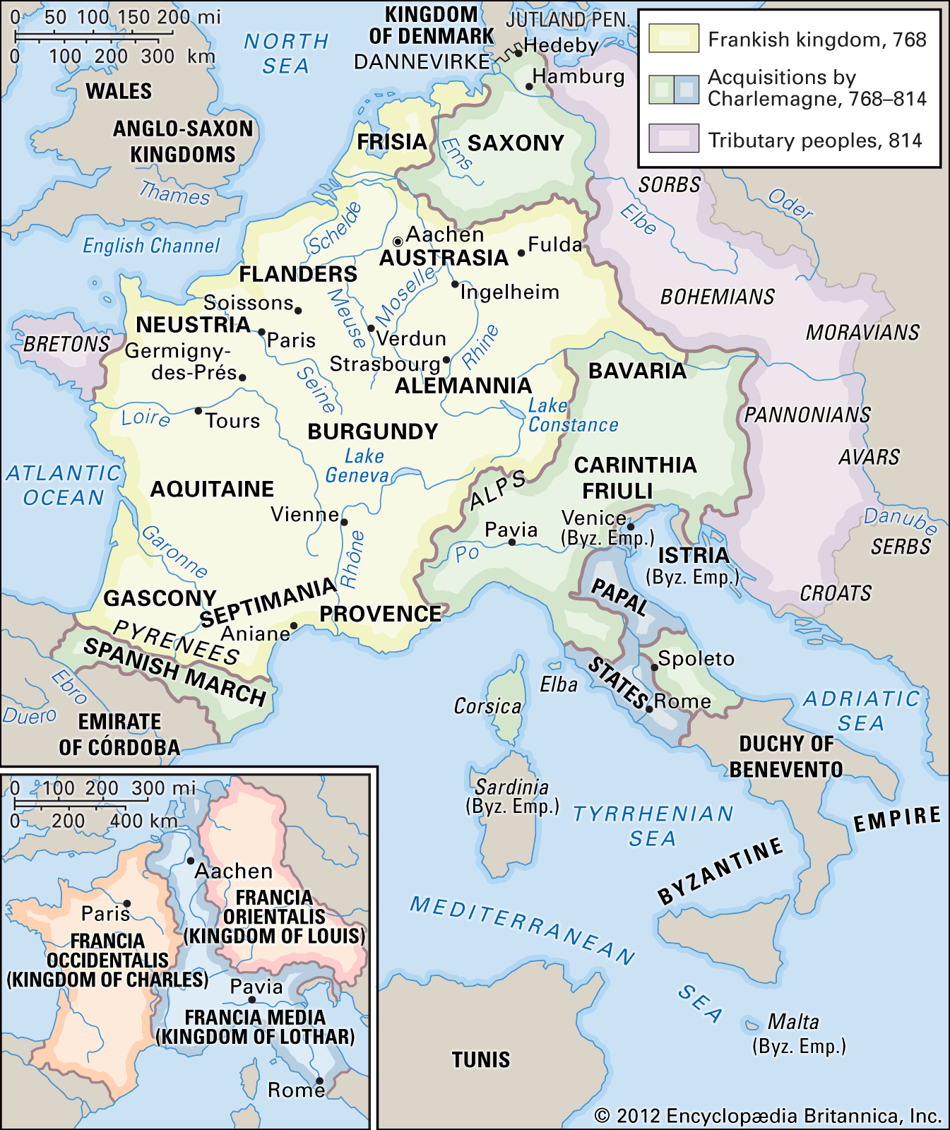 A map of the Carolingian empire including the Frankish Kingdom and areas acquired by Charlemagne. The map inset shows the borders of the three kingdoms that emerged from the partition of the Frankish empire after the Treaty of Verdun, 843. The map has labels for major cities, rivers, and seas.