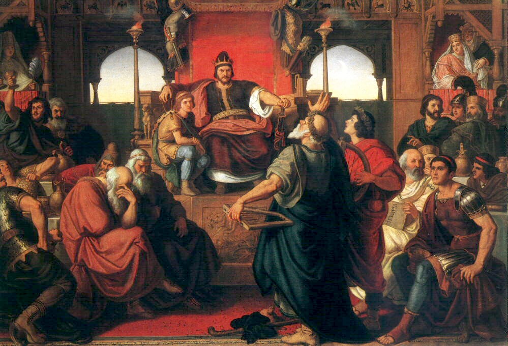 A painting depicting a scene from ancient Roman times, with a man in a green robe holding a scroll and gesturing towards a man in a red robe on a throne, surrounded by other figures and a crowd.
