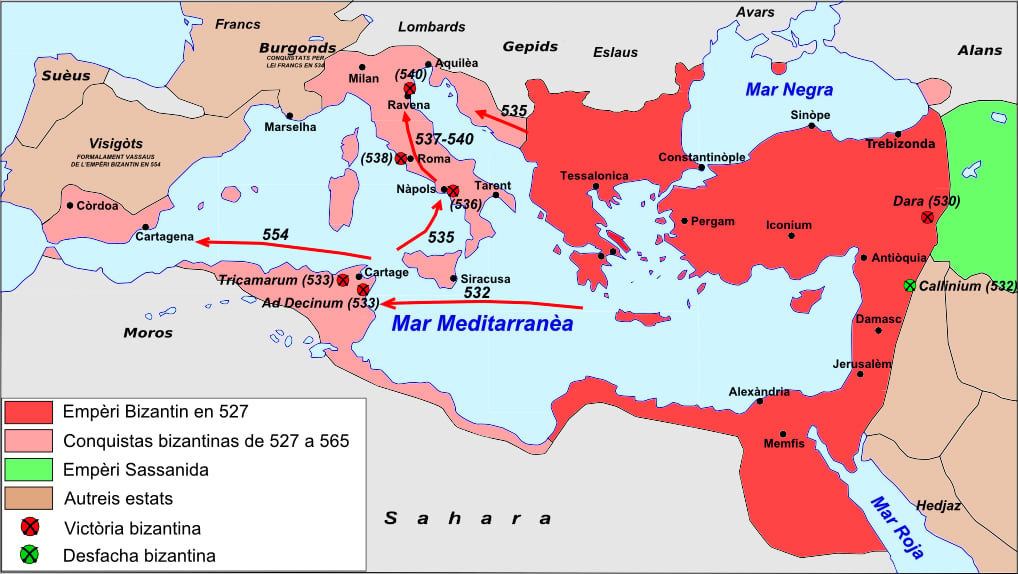 A map of the Mediterranean Sea and surrounding countries, showing the territories of the Byzantine Empire in dark red and its conquests under Justinian I in light pink.