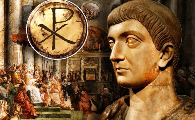 A stone bust of Constantine the Great profile in front of a classical painting of Donation of Rome by the School of Raphael scene with a circular chi-rho symbol in the top left corner.