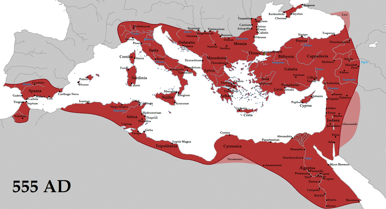 A map of the Eastern Roman Empire in red and in 555 AD during the reign of Justinian I, showing the names of various provinces and cities.