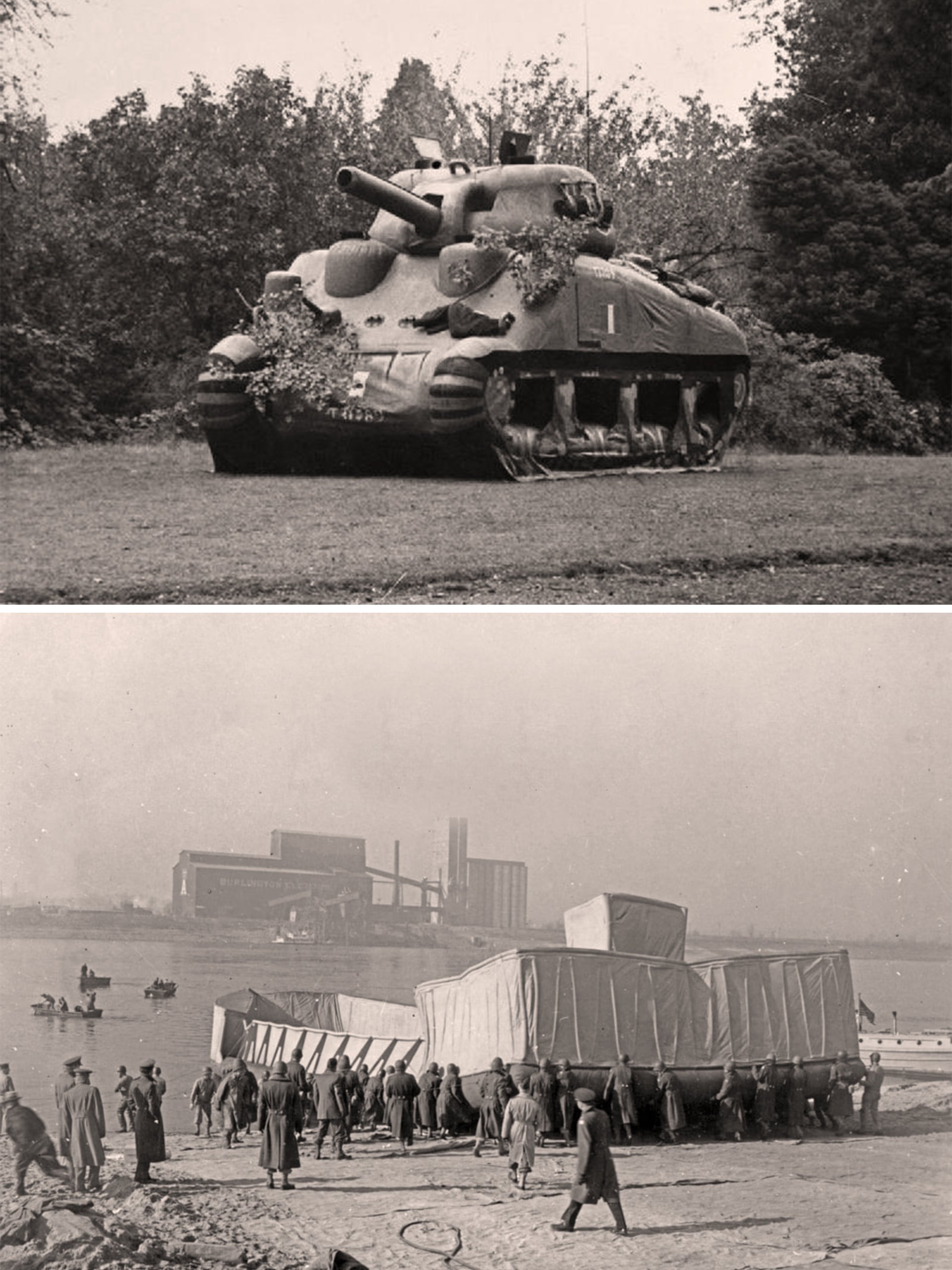 A black and white image of two photographs stacked on top of each other. The top photograph is of an inflatable tank in a field. The bottom photograph is of a group of people on a dock with a large faux landing vessel.