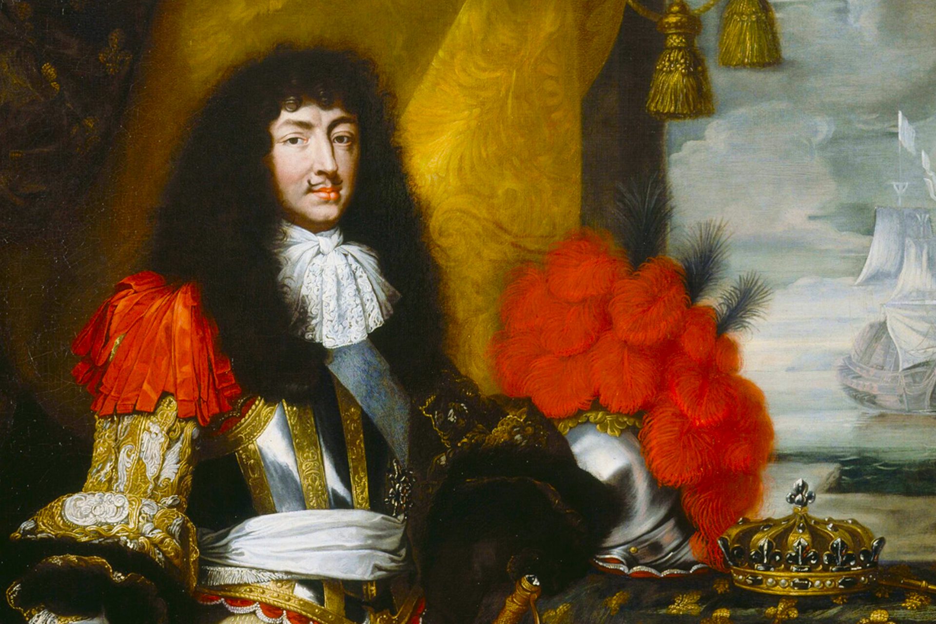 Portrait of louis xiv playing harpsichord in a vibrant shirt