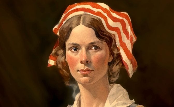 A painting of a woman with an American flag draped over her head.