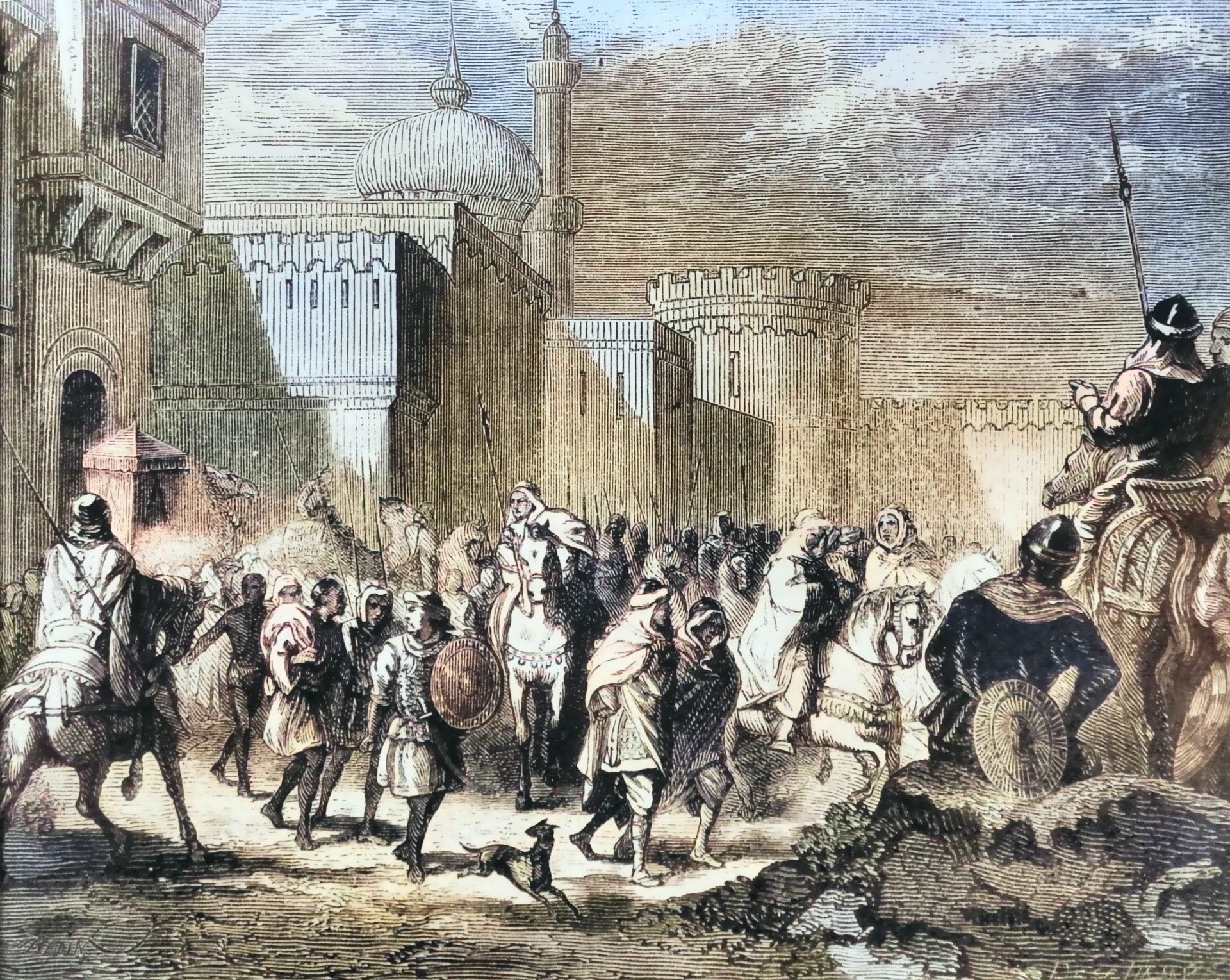 An old illustration of Muslim troops leaving Narbonne on foot and on horseback with a mosque in the background.