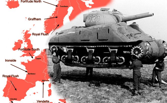 Collage featuring a red map of Europe with labels like “Fortitude North”, “Fortitude South”, “Graffam”, and “Vendetta”, alongside a black and white image of a WWII inflatable tank, resembling a Sherman M4, designed to mislead German aerial reconnaissance.