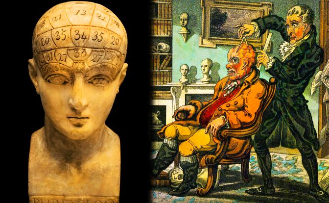 A collage divided into two parts. The left part is a Phrenology bust. The right part is a phrenologist's consulting room filled with busts and skulls. An elderly, bald man sits in an armchair while the practitioner measures his wrinkled scalp with dividers and a ruler.