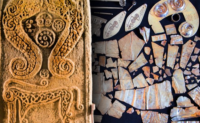 A split image of two ancient Pictish artefacts. On the left, a carved stone in Brodie, Moray, Scotland displays intricately designed S-dragons, a right-facing Pictish beast. On the right, the Norrie’s Law hoard features a majority of hacksilver: deliberately sectioned objects for trade or repurposing. Notably, it also includes a silver plaque adorned with distinct Pictish symbols and whole items like a spiral ring, a sizable brooch, and a hairpin.