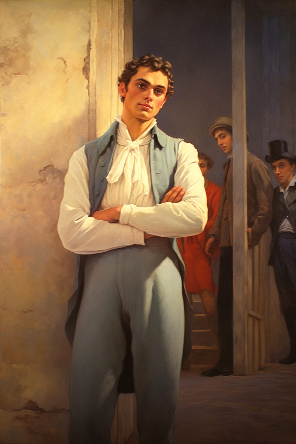 The illustration is of a man in a gray suit and a white shirt with lace white tie standing in front of an opening in a wall. He is looking at the viewer with a relaxed expression on his face. Behind him are several other men standing in the background and looking at him with envy.